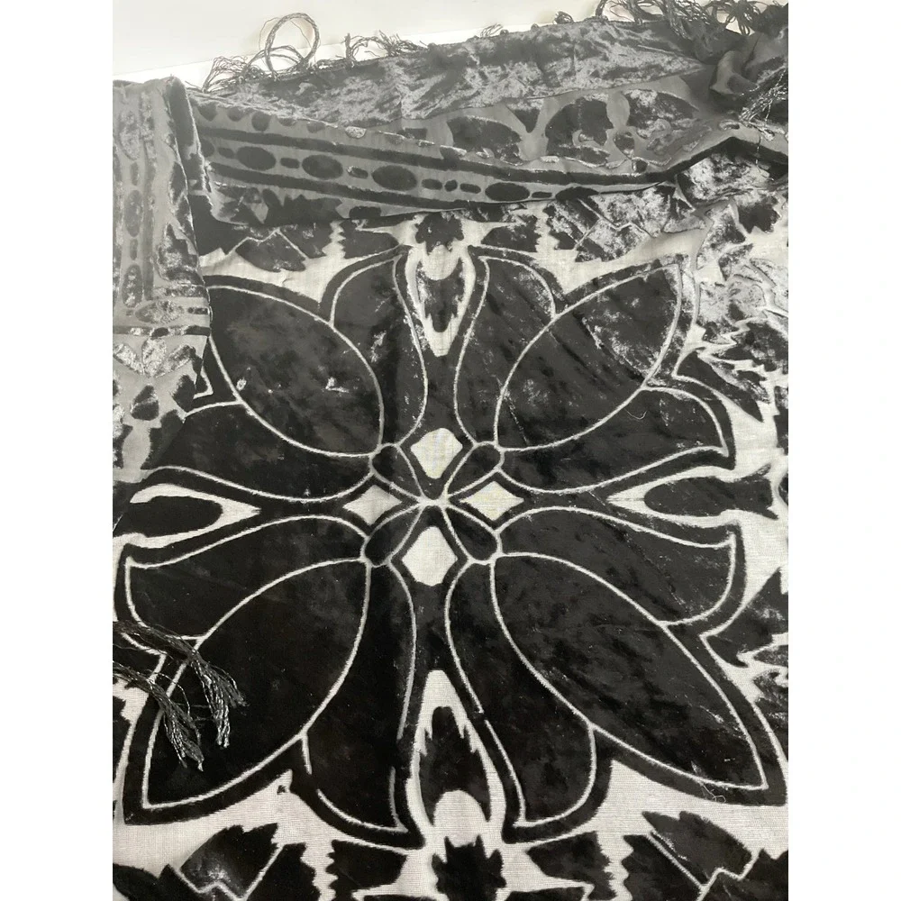 Inter-Moden Black Devore Velvet Burnout Floral Fringe Shawl Wrap Evening Scarf